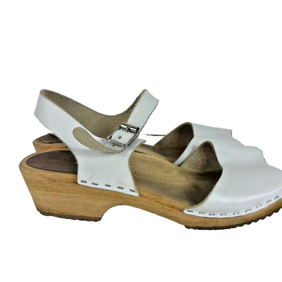 MIA Swedish Anja Leather Wooden Clog Women Size 9 40 White Ankle Strap Peep Toe - Picture 1 of 15